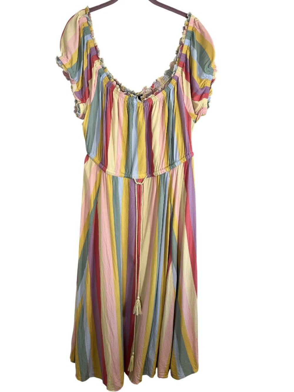 Torrid Colorful Striped Off Shoulder Dress 3X Rainbow Peasant Skater Flowy Retro